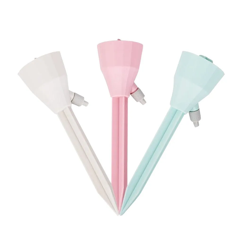 Automatic garden watering device in white, pink, and blue PP plastic, 16.5cm tall, for plant root watering