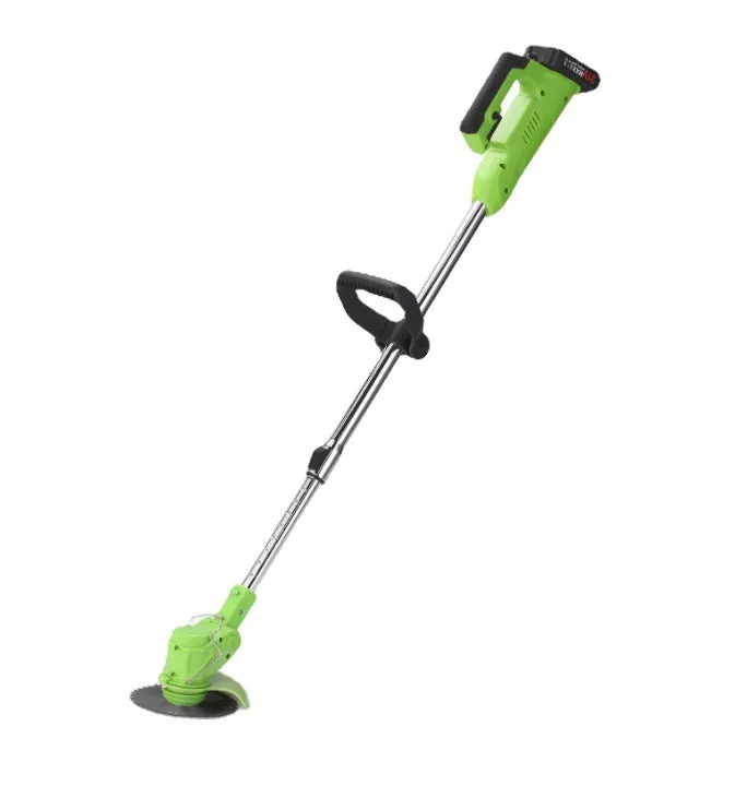 Cordless electric lawn mower with stainless steel telescopic tube and alloy cutter head on grass