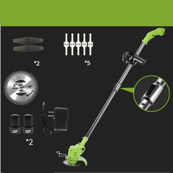 Cordless electric lawn mower with stainless steel telescopic tube and alloy cutter head on grass