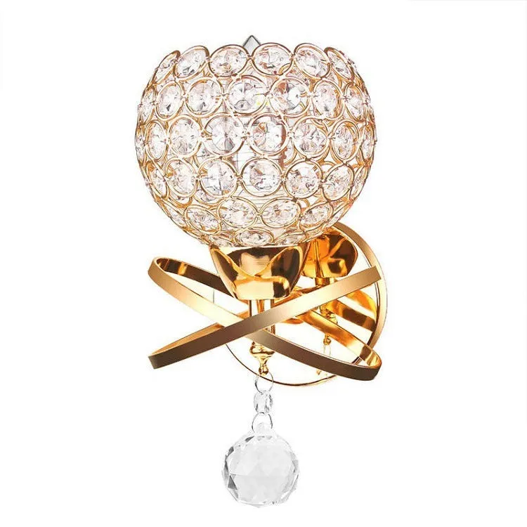 Creative crystal bedside wall lamp with gold pendant, E27 fitting, 145x245x100mm, for corridor use