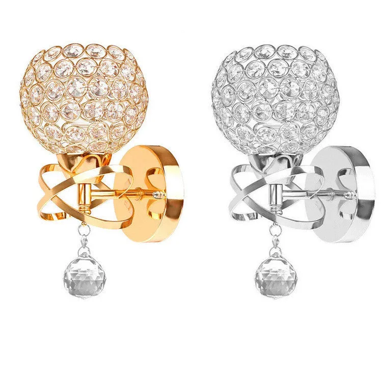 Creative crystal bedside wall lamp with gold pendant, E27 fitting, 145x245x100mm, for corridor use