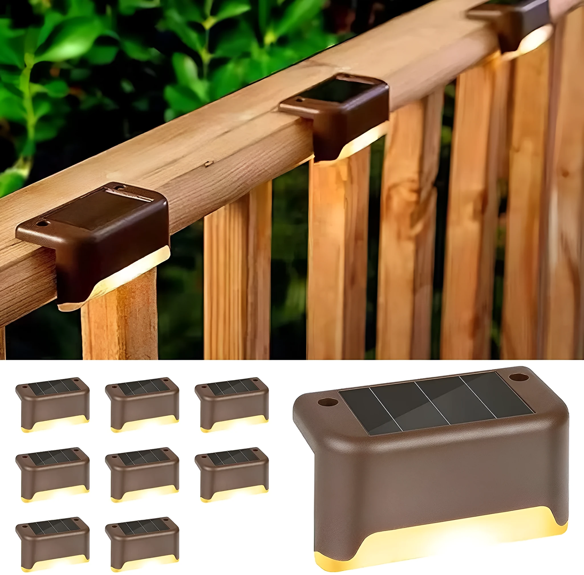 Outdoor solar LED guide light in brown for garden stairs and deck steps, warm light, pack of 4