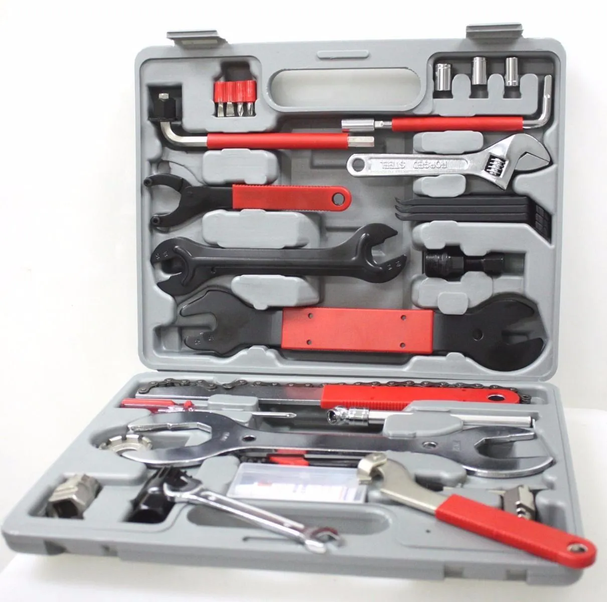 Red bicycle repair tool set in PE shell with carbon steel tools, 32.5x25x7cm size