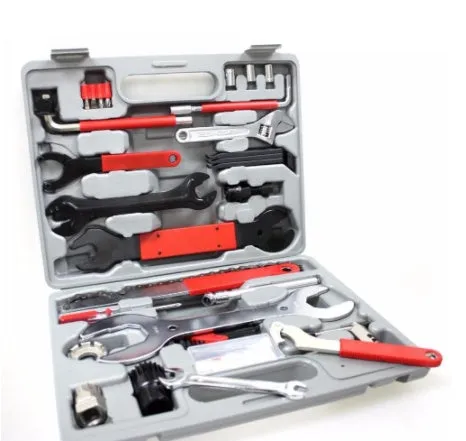 Red bicycle repair tool set in PE shell with carbon steel tools, 32.5x25x7cm size