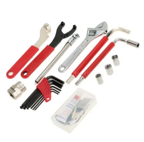 Red bicycle repair tool set in PE shell with carbon steel tools, 32.5x25x7cm size