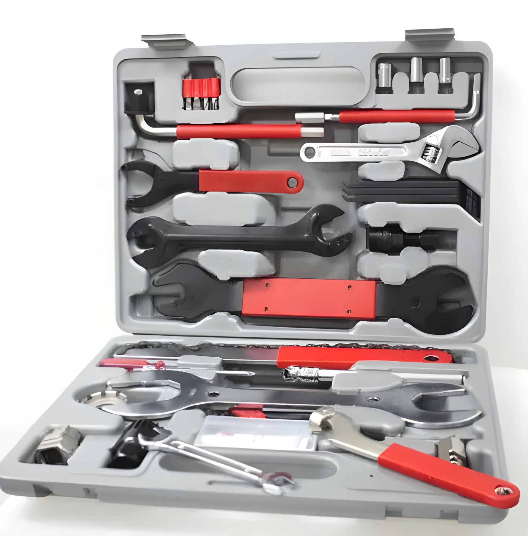 Red bicycle repair tool set in PE shell with carbon steel tools, 32.5x25x7cm size