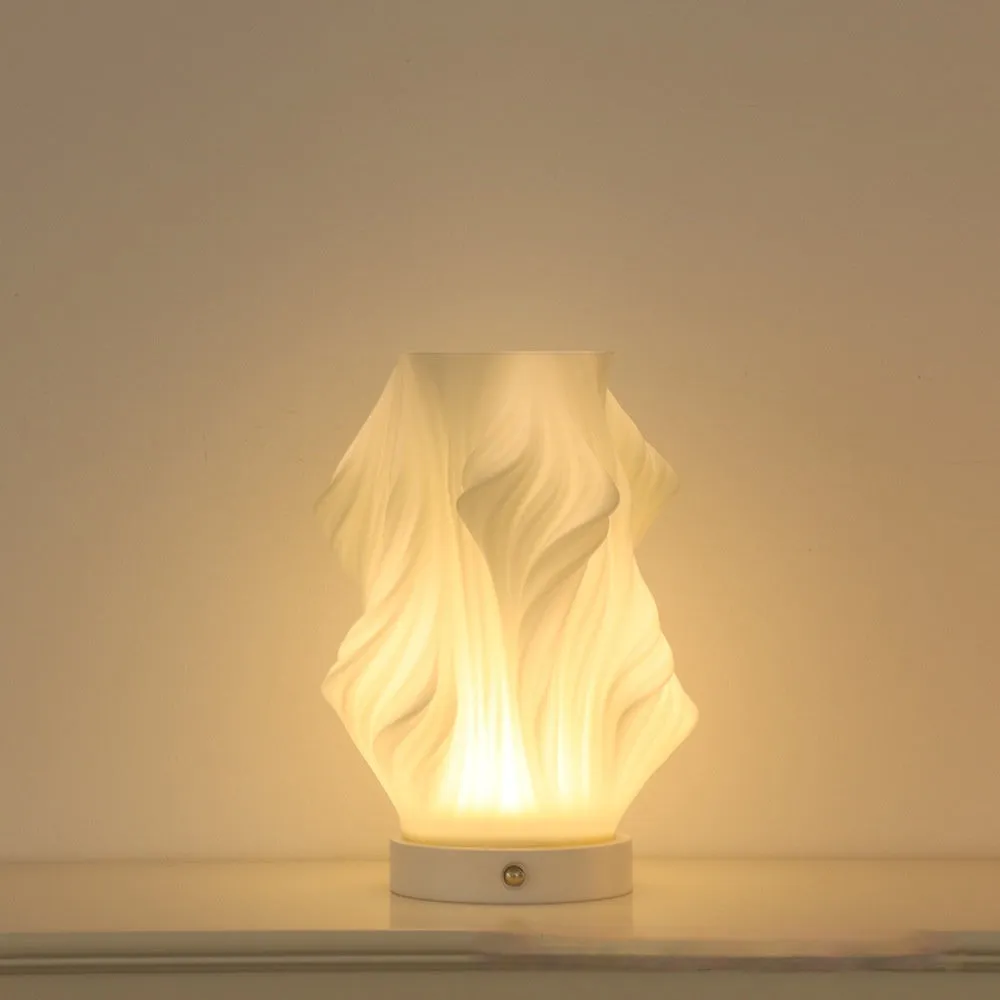 3D printed cylindrical vase night lamp in wood colour finish on a modern bedside table