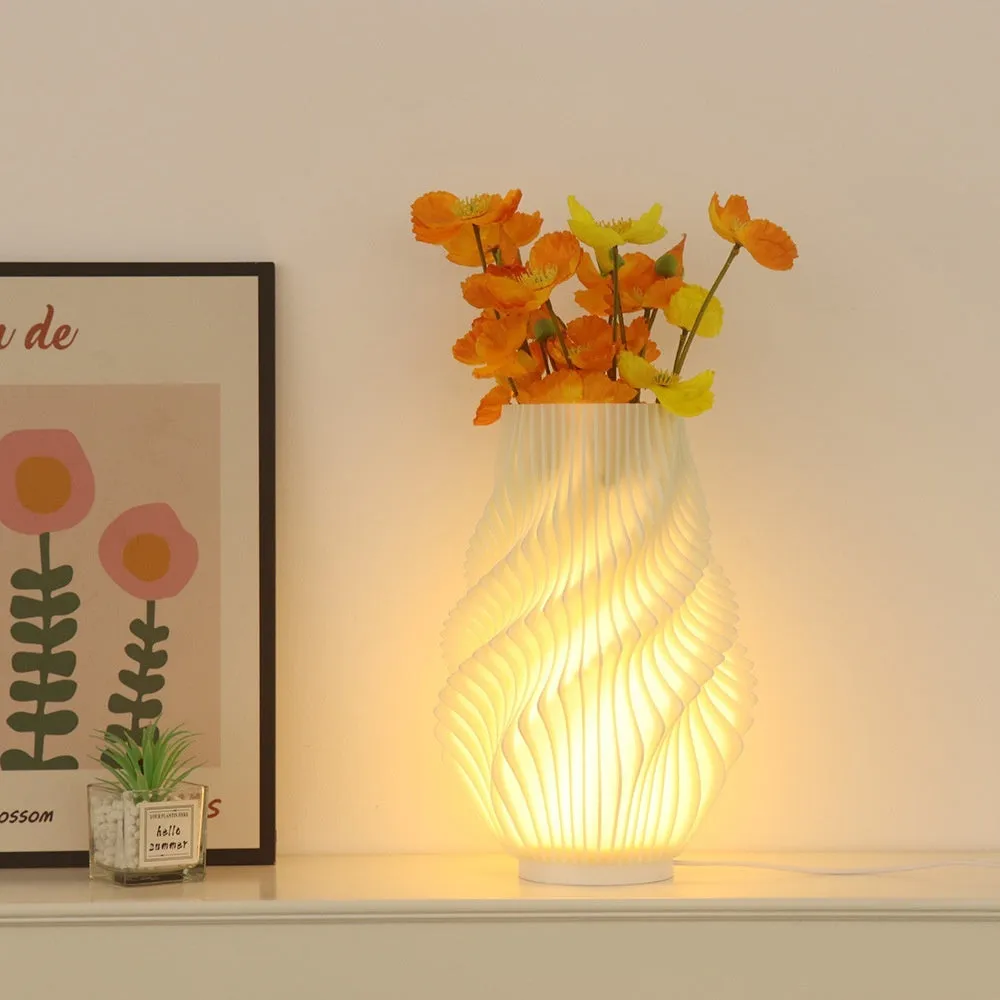 3D printed cylindrical vase night lamp in wood colour finish on a modern bedside table