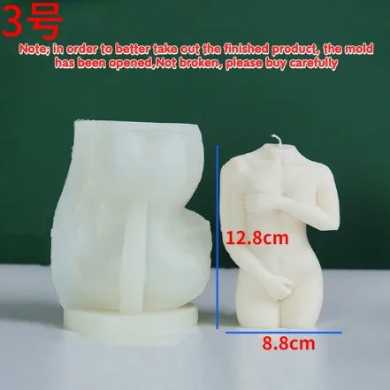 Silicone mould for making shy female body shaped candles in three different style options.
