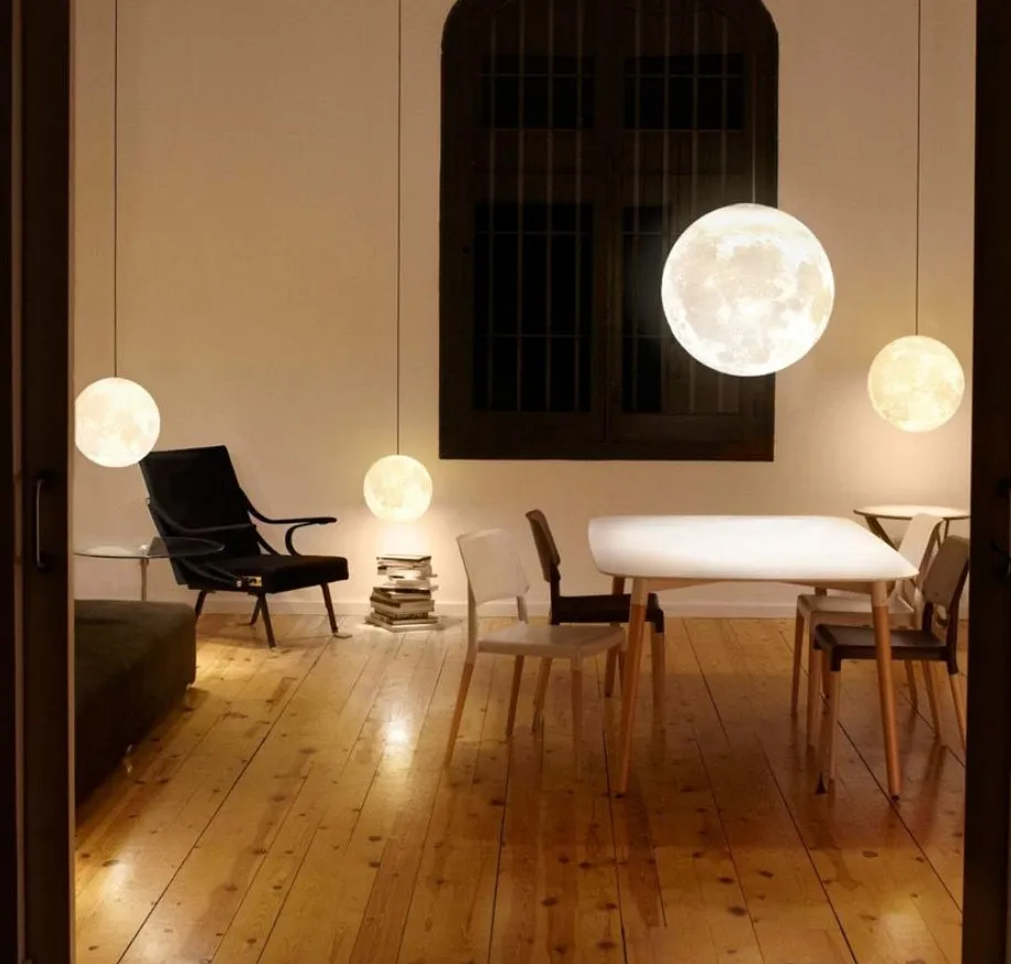 LED moon light chandelier with 3D printed shade, solid wood hanging line, remote control 16 colours