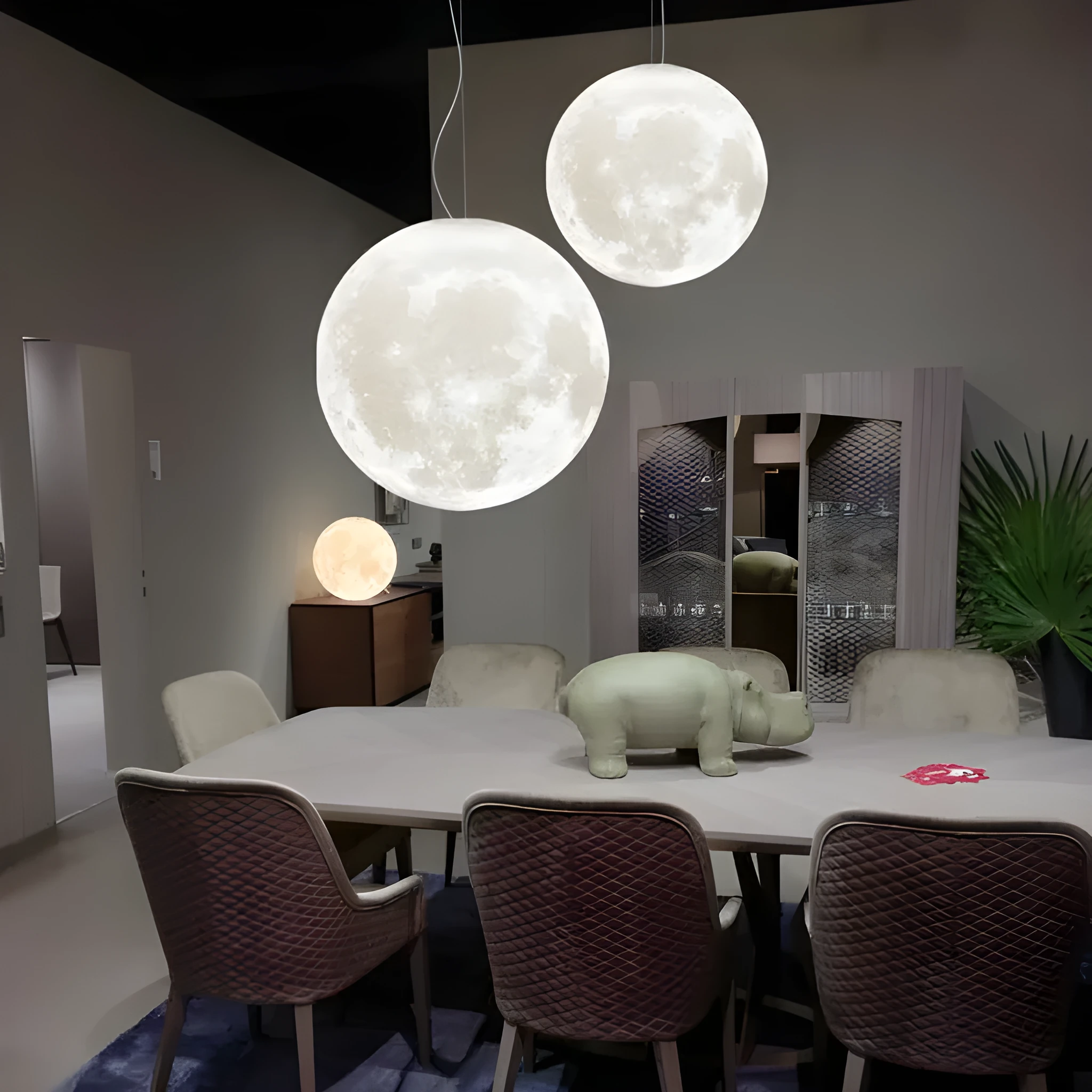 LED moon light chandelier with 3D printed shade, solid wood hanging line, remote control 16 colours