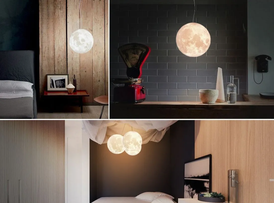 LED moon light chandelier with 3D printed shade, solid wood hanging line, remote control 16 colours