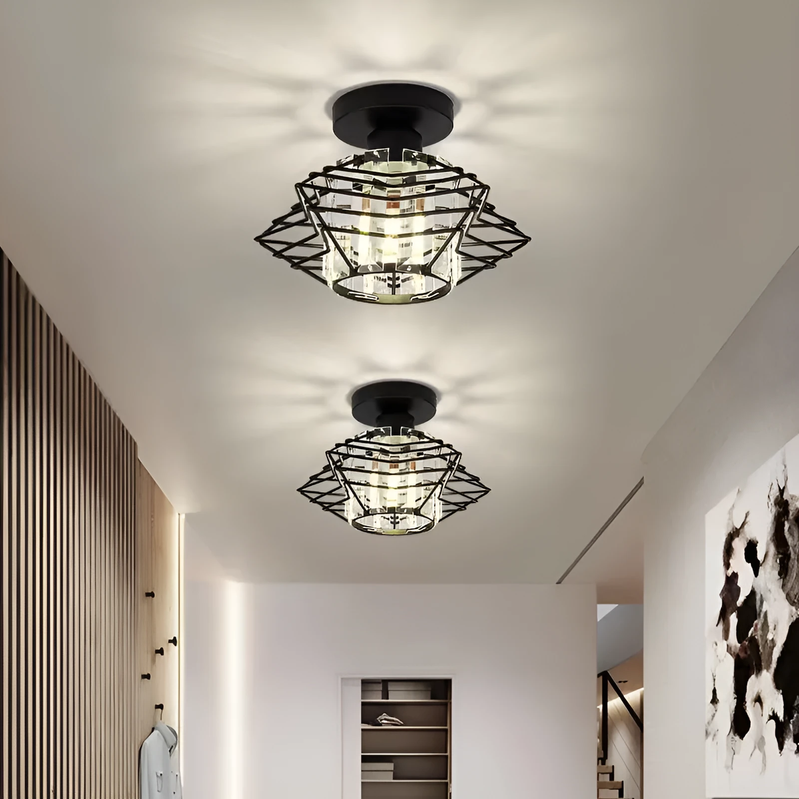 European modern crystal ceiling light with black finish, crystal detailing, low voltage design for living room