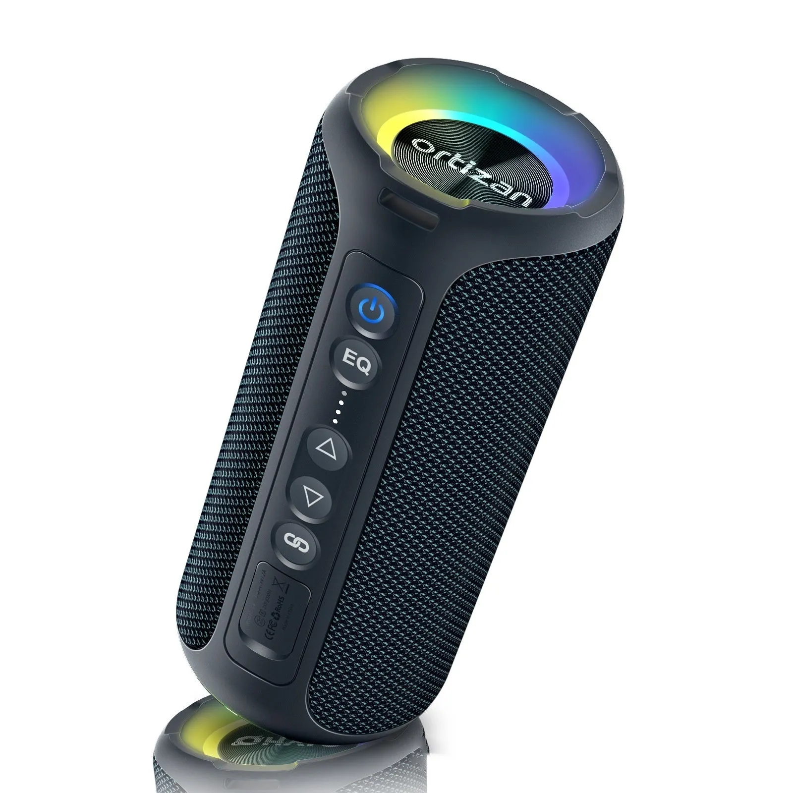 Black and blue fabric-covered wireless Bluetooth speaker with LED lights showing 40W power rating