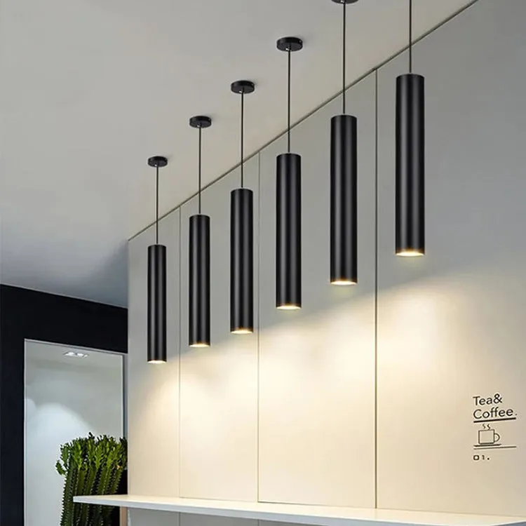 Long-tube suspended ceiling lamp in black aluminium alloy with iron pendant, single head design, adjustable height 1m