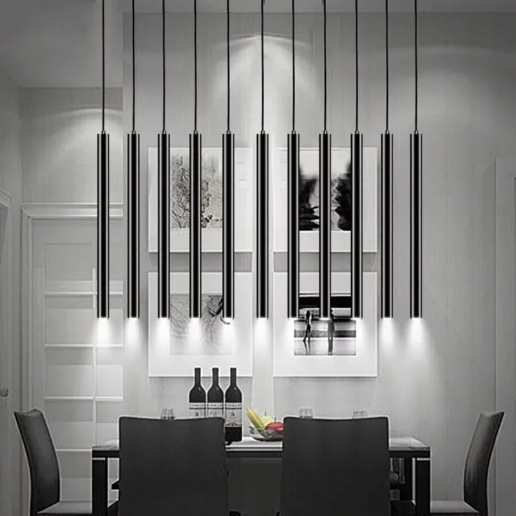 Long-tube suspended ceiling lamp in black aluminium alloy with iron pendant, single head design, adjustable height 1m