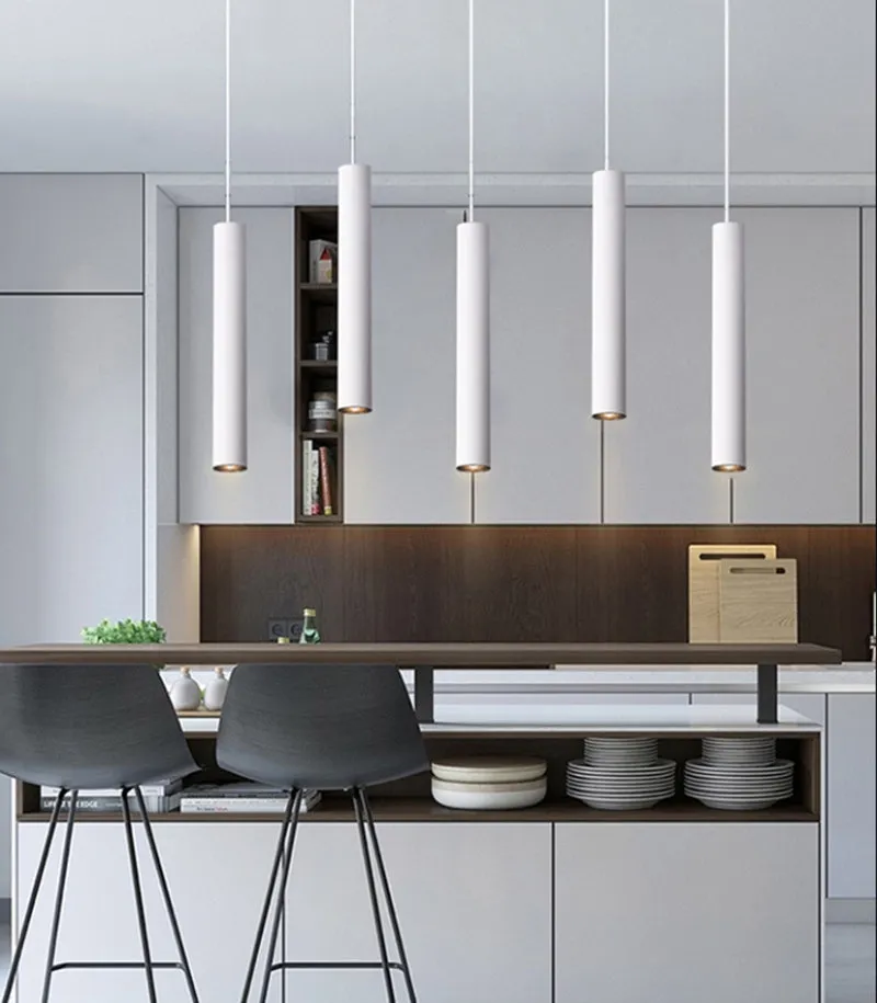 Long-tube suspended ceiling lamp in black aluminium alloy with iron pendant, single head design, adjustable height 1m