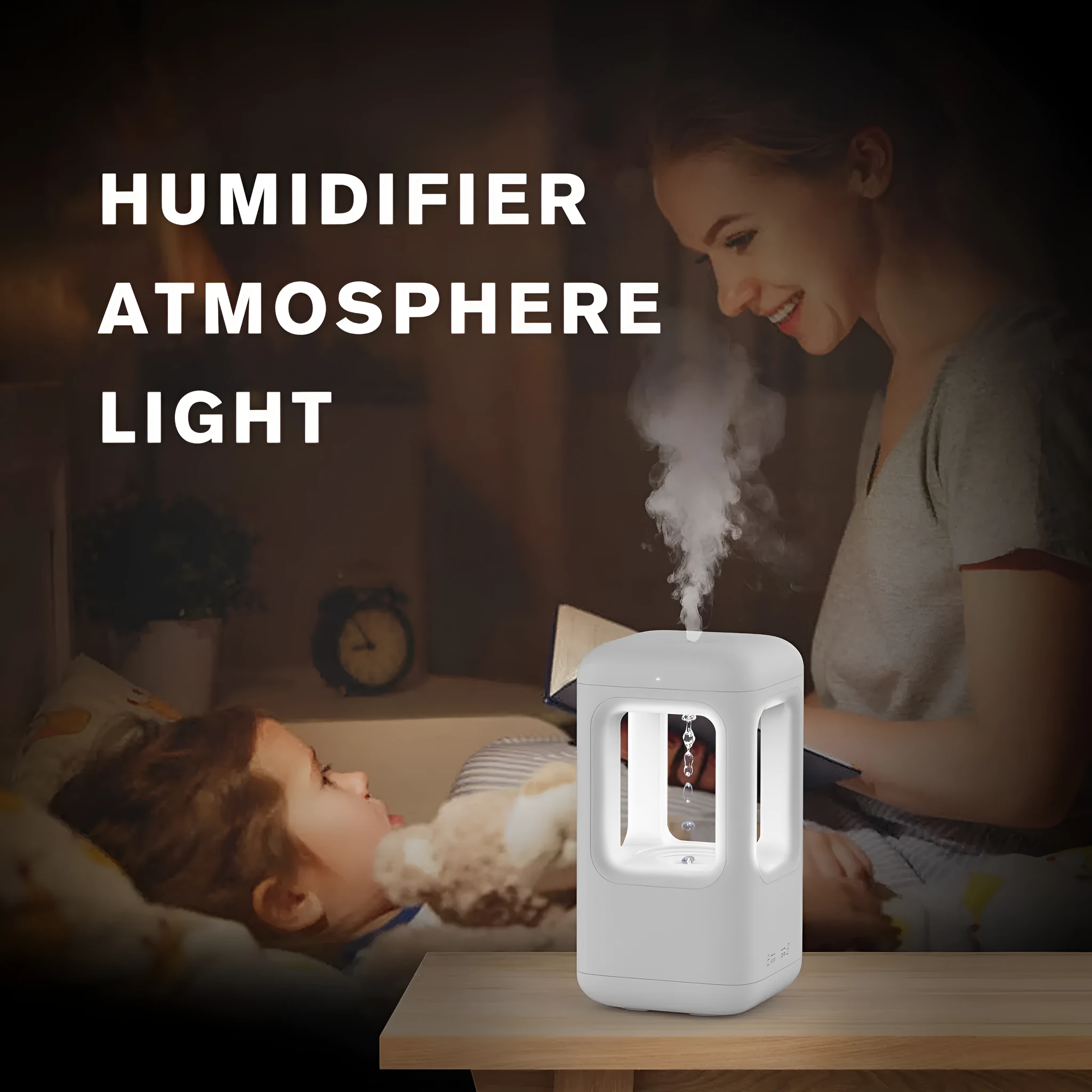 White anti-gravity water drop humidifier with ambient light on bedside table