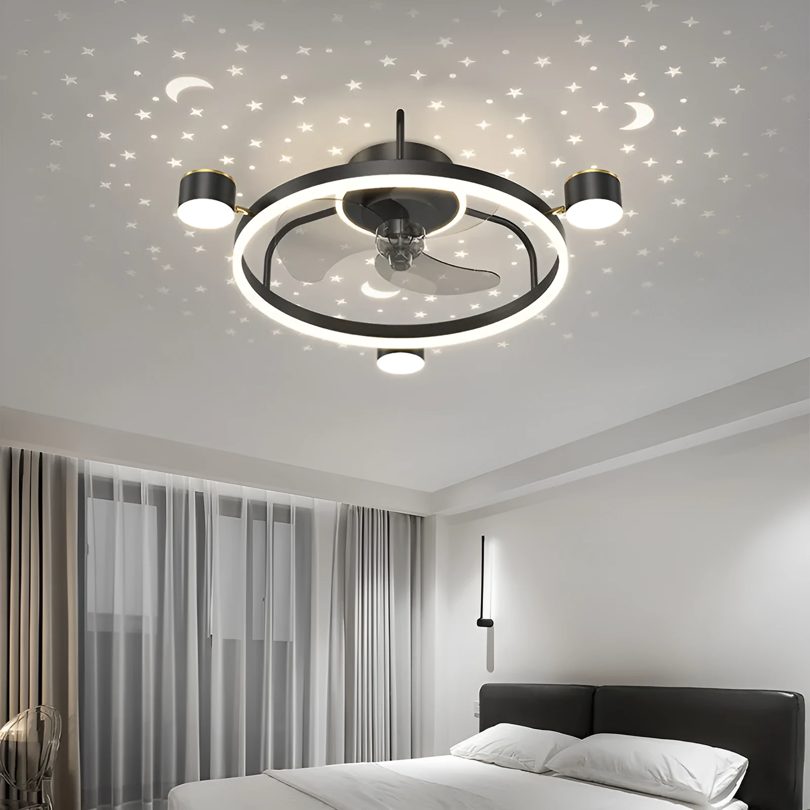 Intelligent silent ceiling fan lamp with PVC blades and remote control in black finish