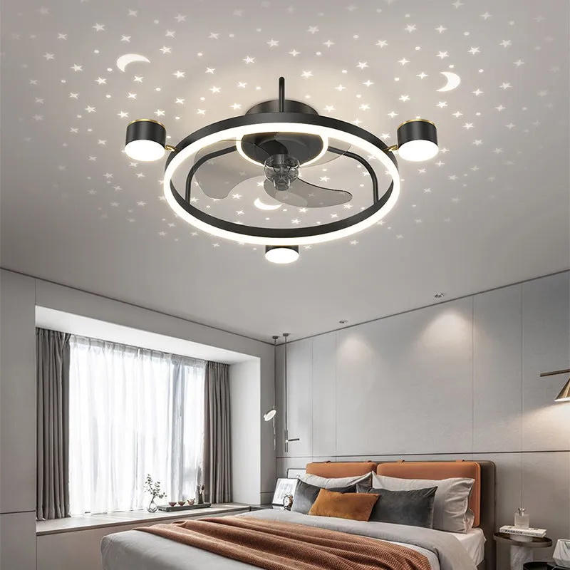 Intelligent silent ceiling fan lamp with PVC blades and remote control in black finish
