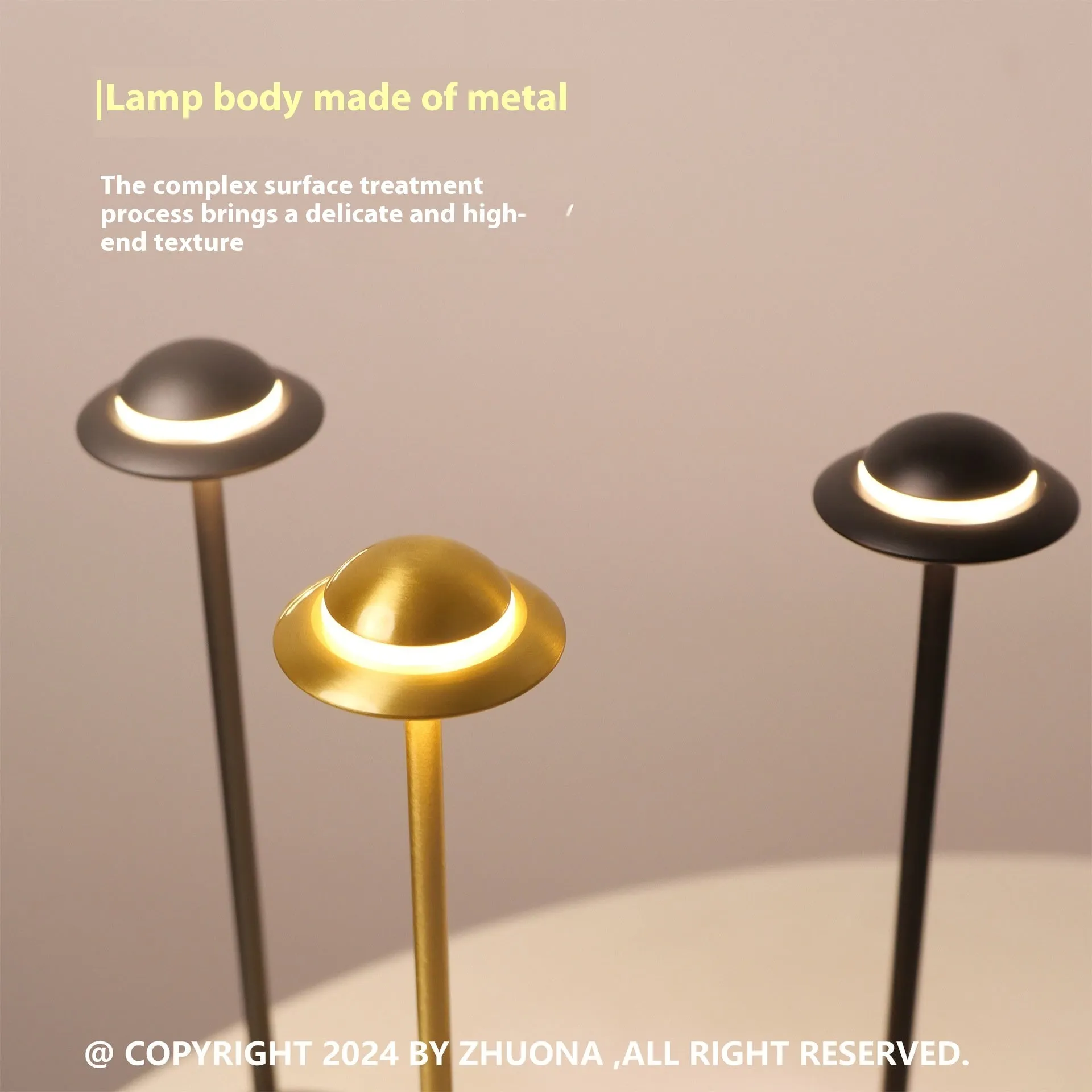 Metallic gold UFO-shaped rechargeable table lamp with touch-sensitive dimming controls.