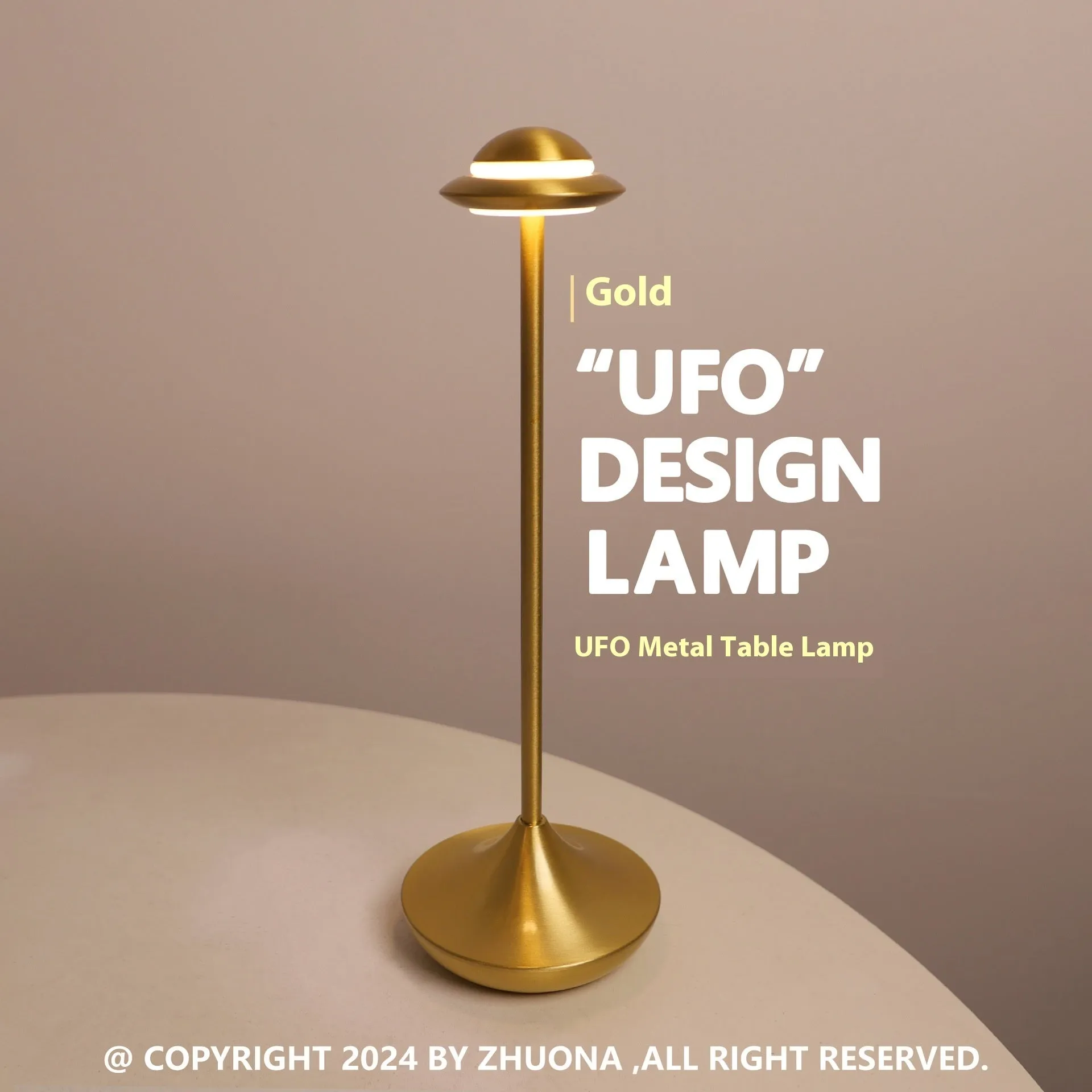 Metallic gold UFO-shaped rechargeable table lamp with touch-sensitive dimming controls.