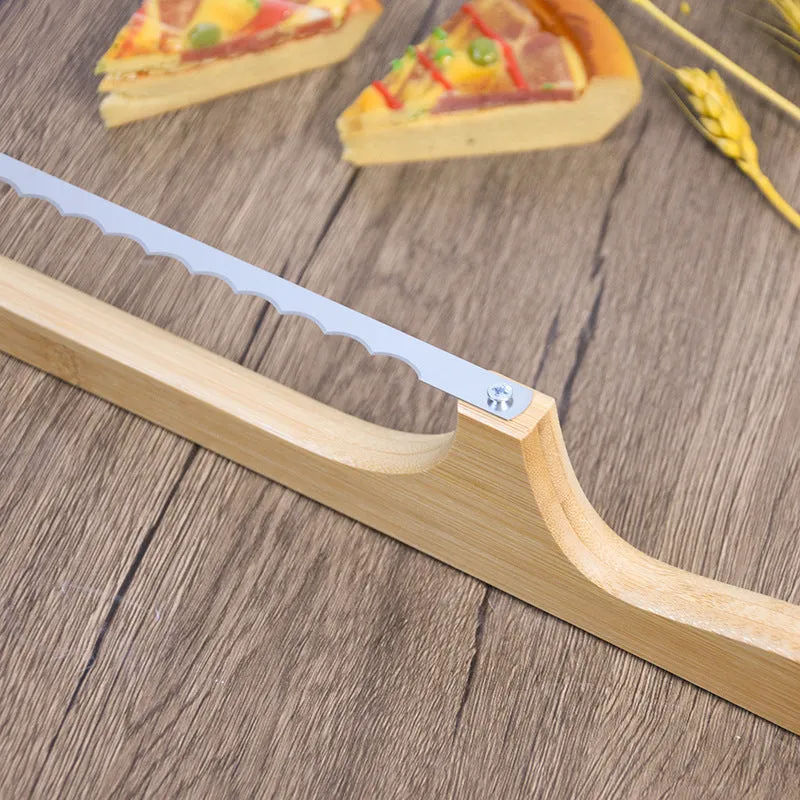 Wooden serrated bread knife 40cm with bending-resistant blade, wooden handle, shown slicing a wholemeal loaf