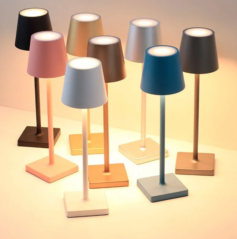 Aluminum LED charging table lamp with touch dimming in black finish on a wooden desk
