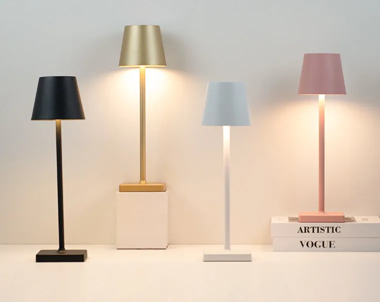 Aluminum LED charging table lamp with touch dimming in black finish on a wooden desk