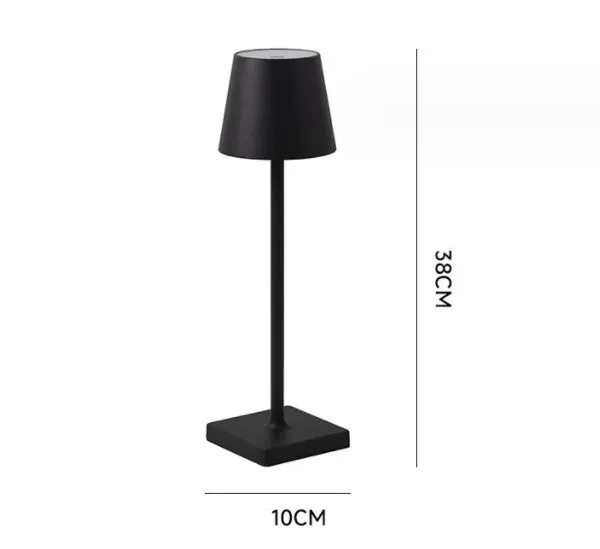 Aluminum LED charging table lamp with touch dimming in black finish on a wooden desk