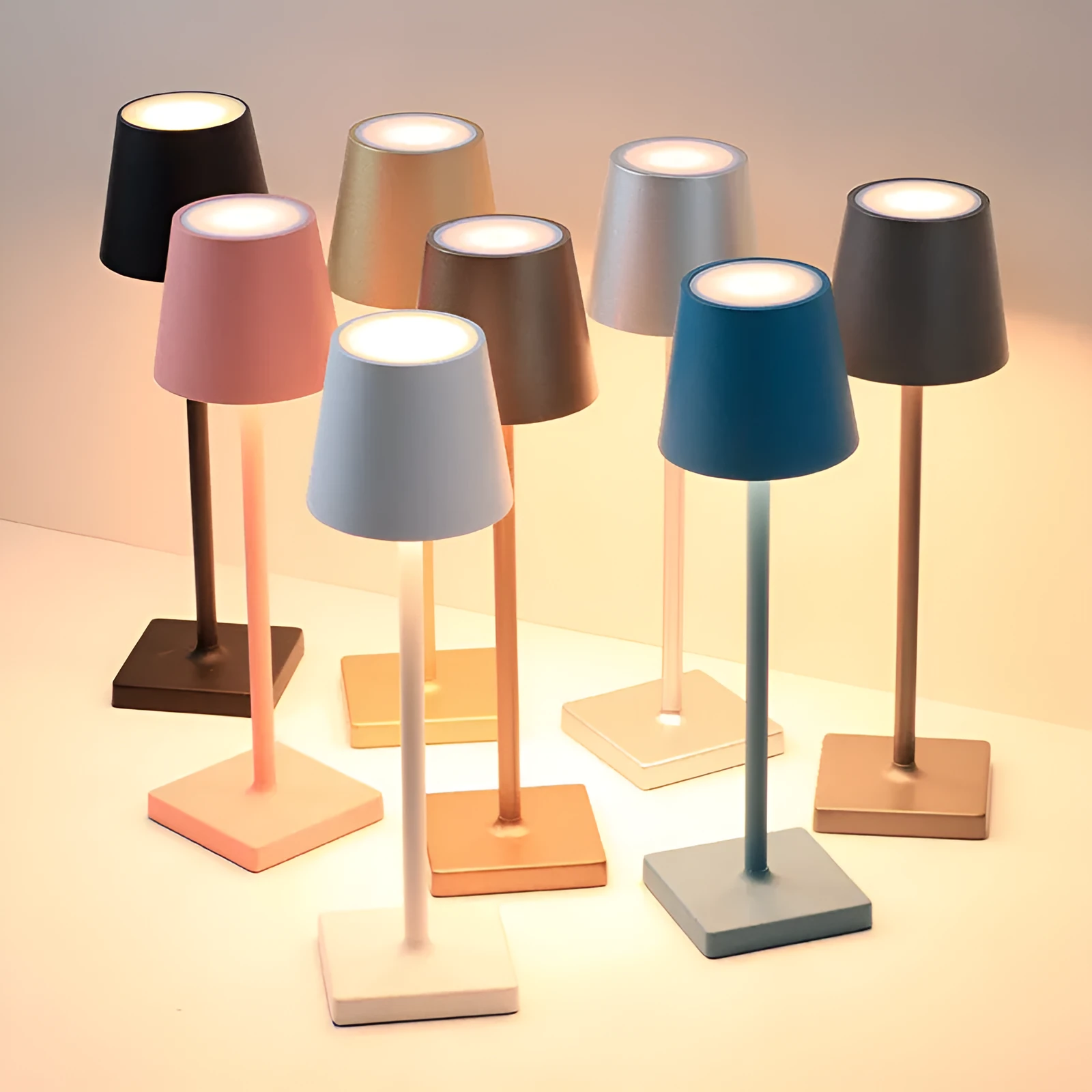Aluminum LED charging table lamp with touch dimming in black finish on a wooden desk