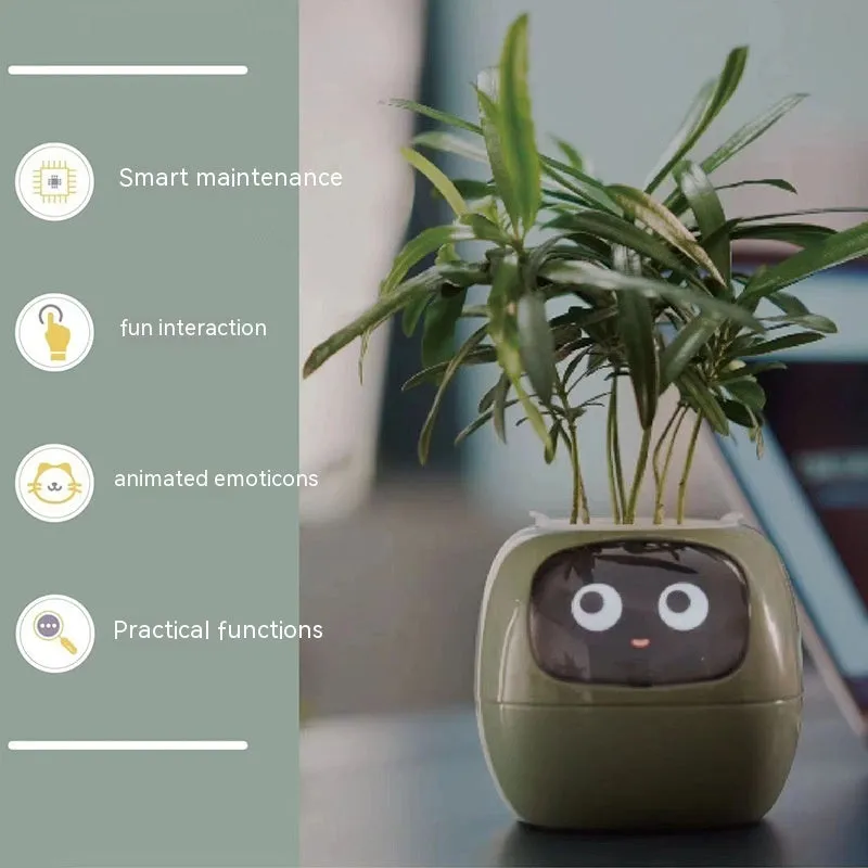 Smart planter with 7 sensors and AI chips, over 49 expressions, water level monitor, small indoor pot 114x100x96mm in pink