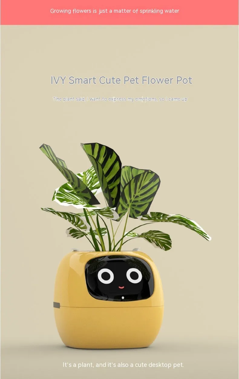 Smart planter with 7 sensors and AI chips, over 49 expressions, water level monitor, small indoor pot 114x100x96mm in pink