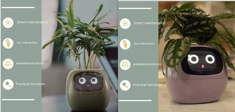 Smart planter with 7 sensors and AI chips, over 49 expressions, water level monitor, small indoor pot 114x100x96mm in pink