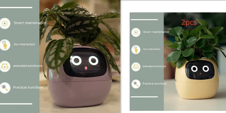 Smart planter with 7 sensors and AI chips, over 49 expressions, water level monitor, small indoor pot 114x100x96mm in pink