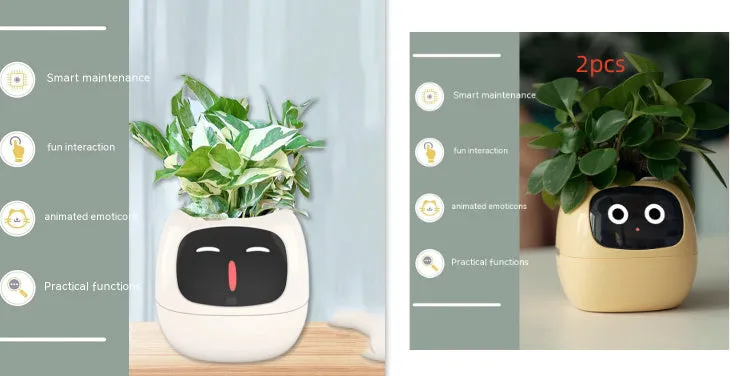 Smart planter with 7 sensors and AI chips, over 49 expressions, water level monitor, small indoor pot 114x100x96mm in pink