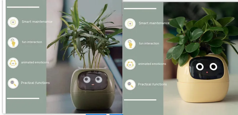 Smart planter with 7 sensors and AI chips, over 49 expressions, water level monitor, small indoor pot 114x100x96mm in pink