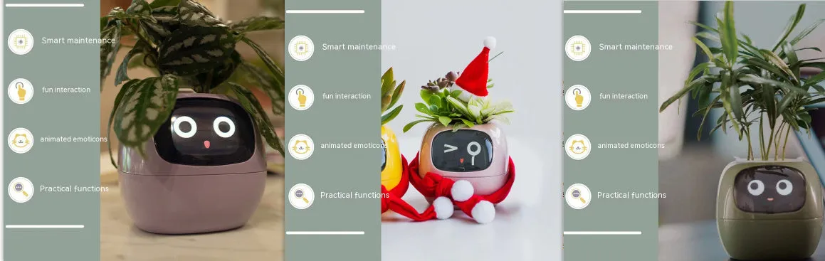 Smart planter with 7 sensors and AI chips, over 49 expressions, water level monitor, small indoor pot 114x100x96mm in pink