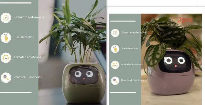Smart planter with 7 sensors and AI chips, over 49 expressions, water level monitor, small indoor pot 114x100x96mm in pink