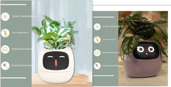 Smart planter with 7 sensors and AI chips, over 49 expressions, water level monitor, small indoor pot 114x100x96mm in pink