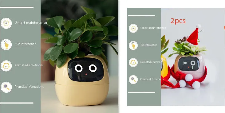 Smart planter with 7 sensors and AI chips, over 49 expressions, water level monitor, small indoor pot 114x100x96mm in pink