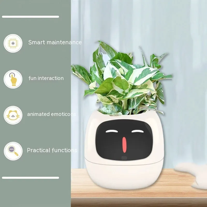 Smart planter with 7 sensors and AI chips, over 49 expressions, water level monitor, small indoor pot 114x100x96mm in pink