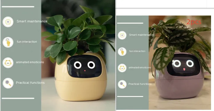 Smart planter with 7 sensors and AI chips, over 49 expressions, water level monitor, small indoor pot 114x100x96mm in pink