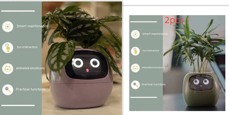 Smart planter with 7 sensors and AI chips, over 49 expressions, water level monitor, small indoor pot 114x100x96mm in pink