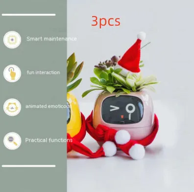 Smart planter with 7 sensors and AI chips, over 49 expressions, water level monitor, small indoor pot 114x100x96mm in pink