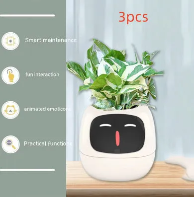 Smart planter with 7 sensors and AI chips, over 49 expressions, water level monitor, small indoor pot 114x100x96mm in pink