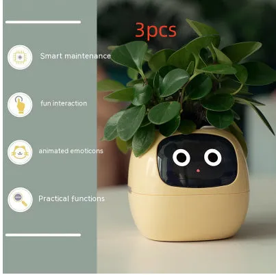 Smart planter with 7 sensors and AI chips, over 49 expressions, water level monitor, small indoor pot 114x100x96mm in pink