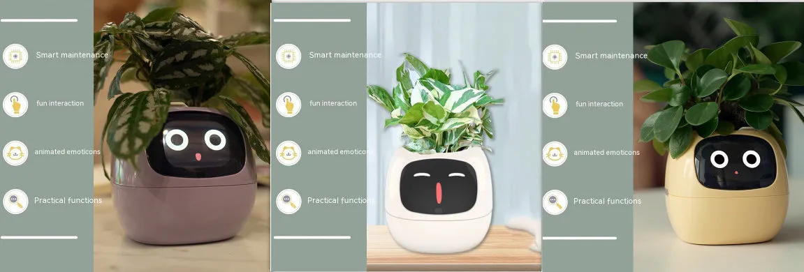 Smart planter with 7 sensors and AI chips, over 49 expressions, water level monitor, small indoor pot 114x100x96mm in pink