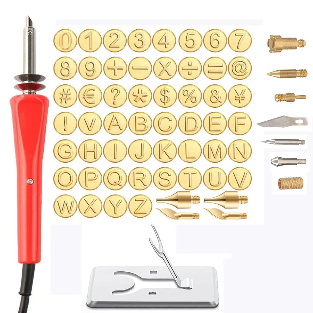 65-piece carving soldering iron kit with 30W heating core, rubber handle, letter and number stamps, and seven carving heads
