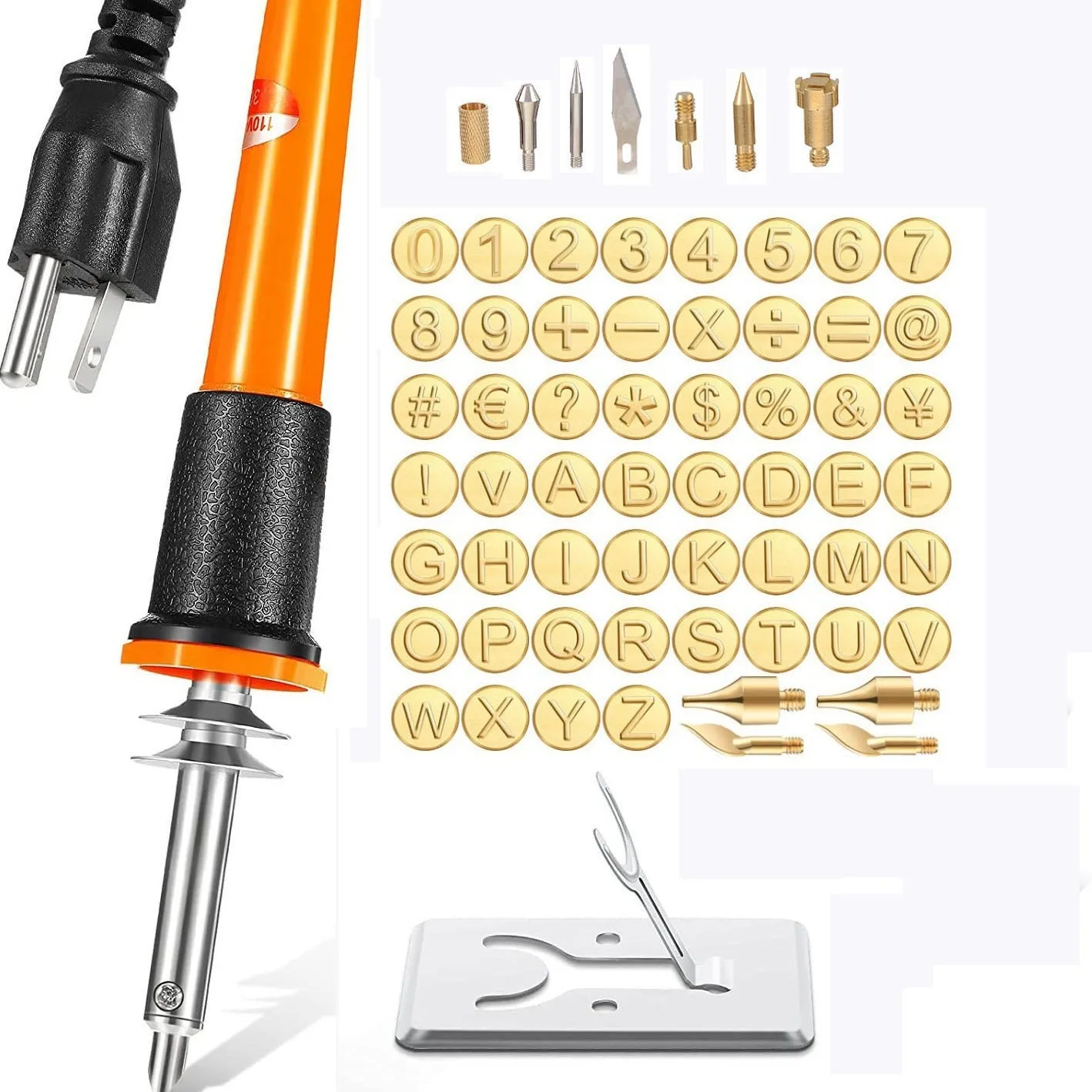 65-piece carving soldering iron kit with 30W heating core, rubber handle, letter and number stamps, and seven carving heads